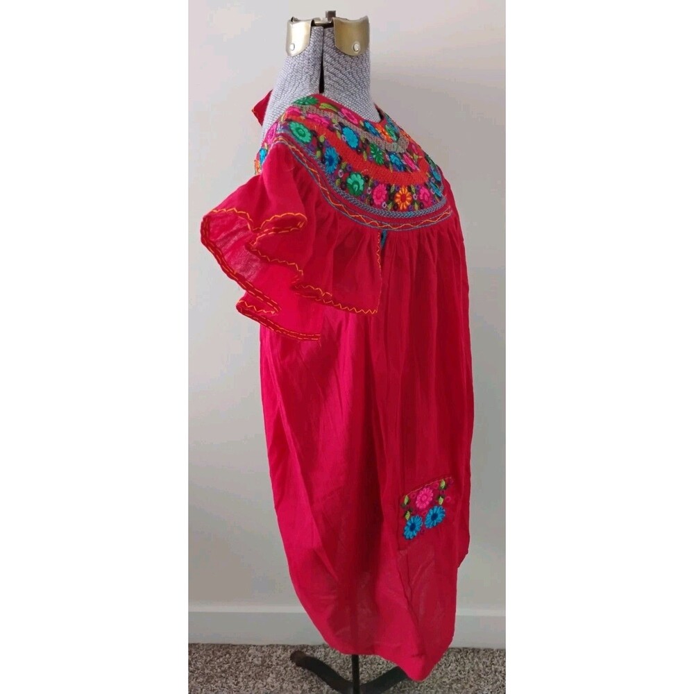 Red Embroidered Dress Women's Boho Peasant Oaxaca Huipil Floral Mini Sz S - Picture 7 of 9